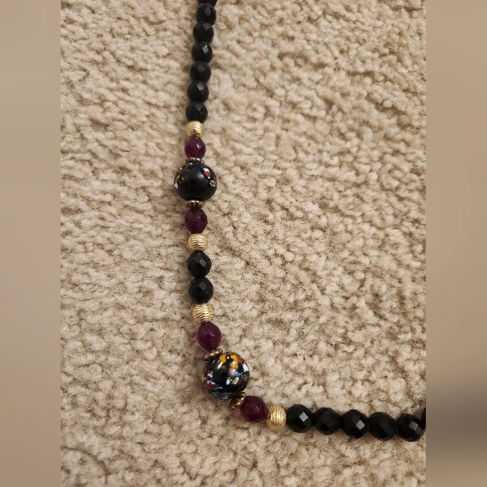 Beaded Black Necklace Purple‎ Floral Gold Abstract